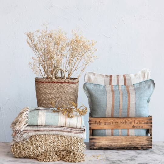Hello Honey® 20" Blue & Brown Striped Woven Linen Fringed Pillow